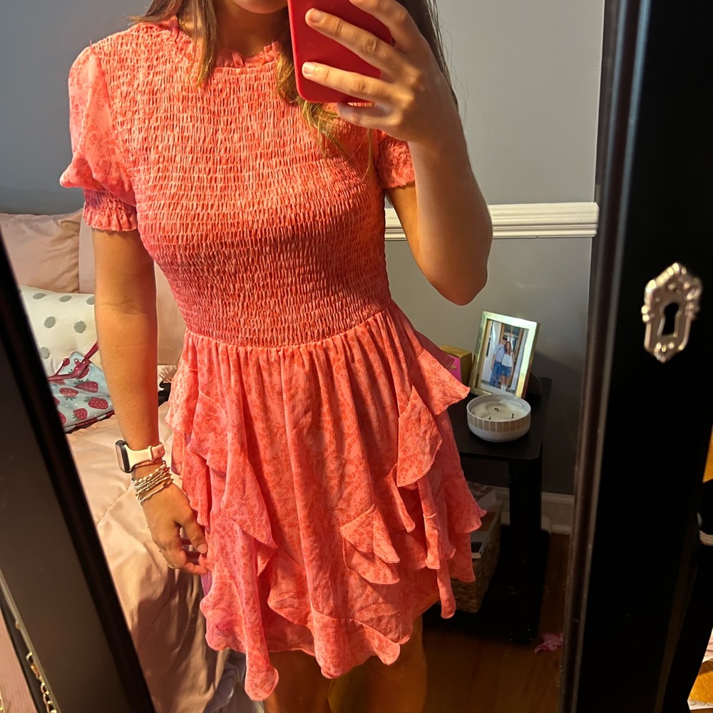 Olivaceous Coral Ruffle Mini Dress